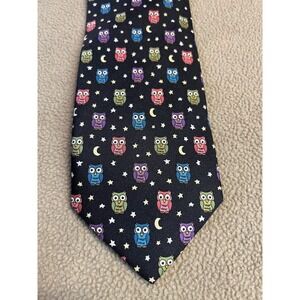 Alynn Neckwear Night Owl Owl Moon Stars Black Silk Necktie